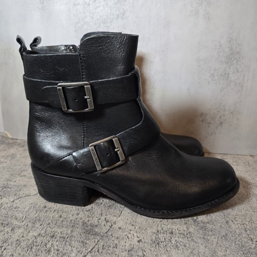 Kork-Ease Leather Ankle Boots Black Size 10 Side Zip Motorcycle Buckles